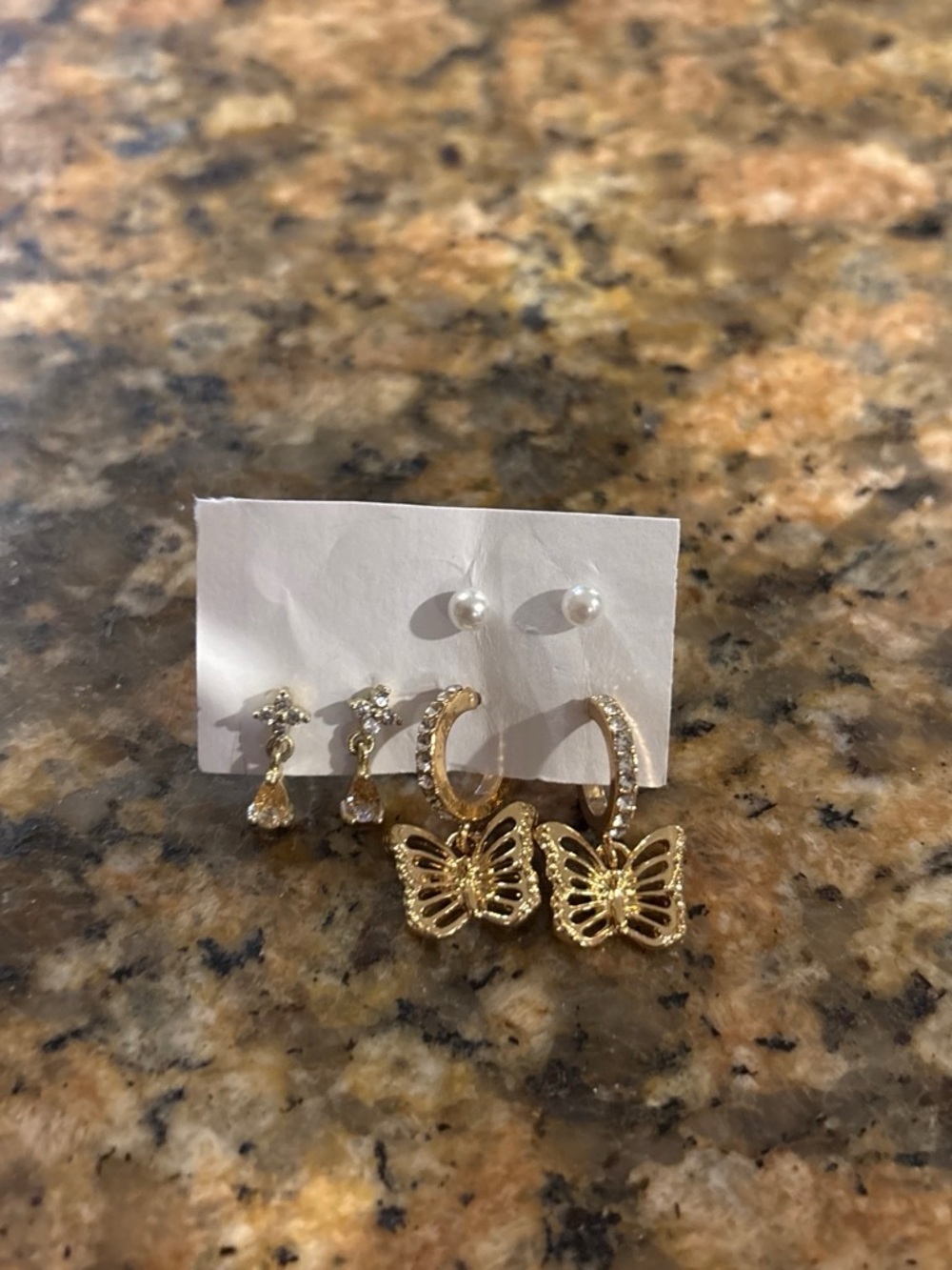 Gold Butterfly Hoop Earring Set with Pearl & Crystal Studs